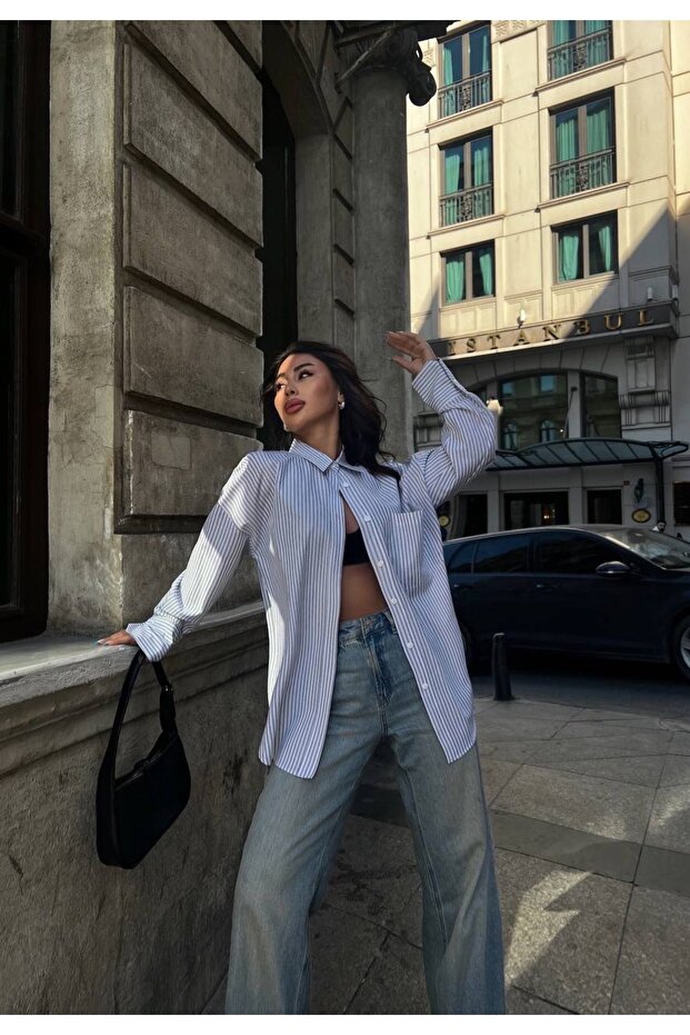 Boydan çizgili oversize gömlek - 4