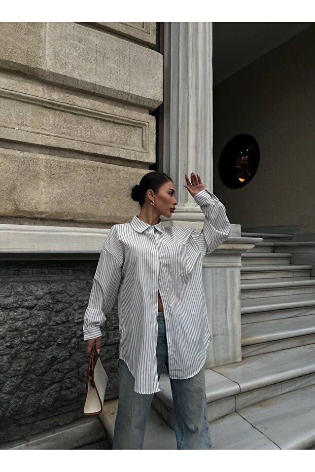 Boydan çizgili oversize gömlek - 2
