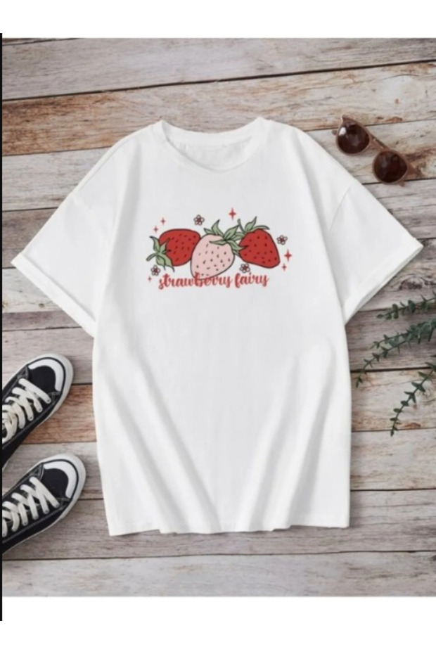 Kids Trend Model White T Shirt Strawberry Printed Cotton