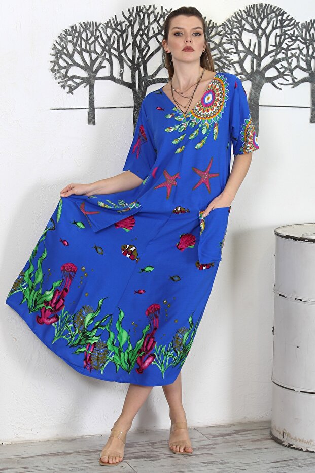Blue V-neck Short Sleeve Double Pocket Allover Printed Casual Woven Dress