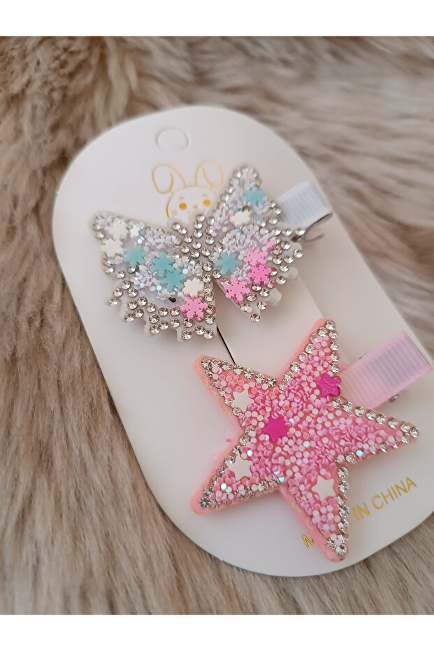 Stoned Sequin Butterfly and Star Model Mixed Color Double Children's Clamp Buckle