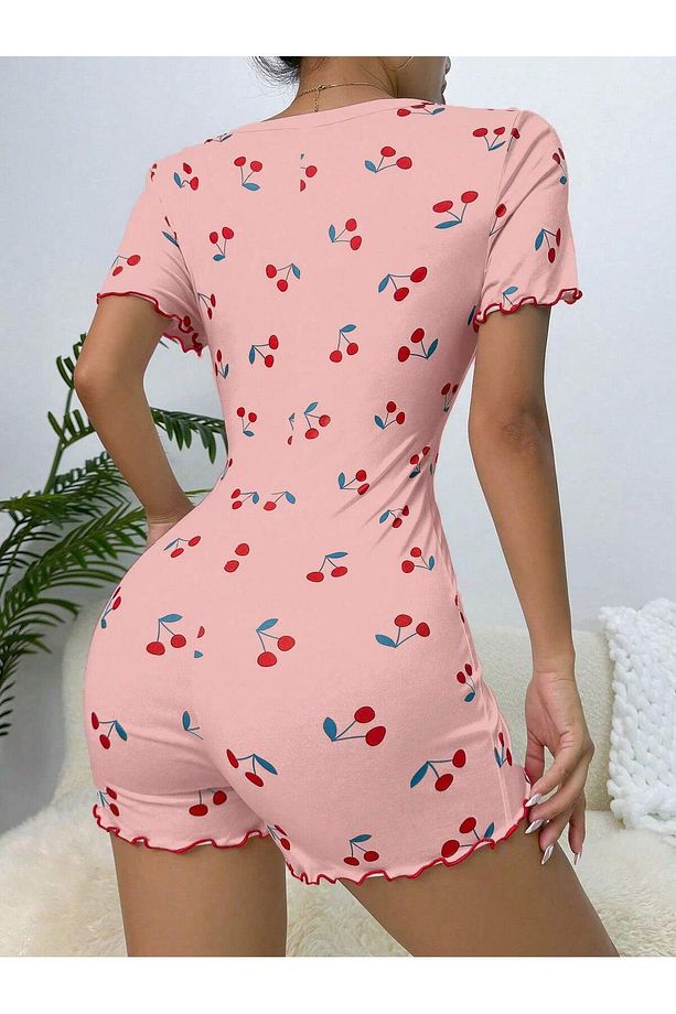Pembe kiraz desenli kısa kol pijama tulumu - 4