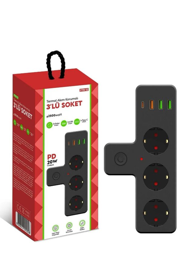 3'lü Termal Akım Korumalı Priz 3xUSB 1xType-C 20W PD Giriş - 1