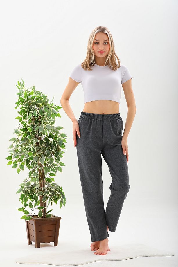 Antrasit Renk Düz Paça Penye Pamuklu Unisex Pijama Altı Eşofman - 2
