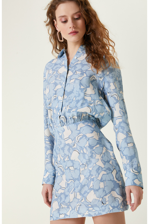 Mavi Desenli Mini Elbise - 2