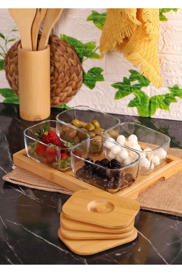 Bambum Krosna - Plus 9 Parça Bambu Kapaklı Cam Kahvaltı Seti Tepsili - 3