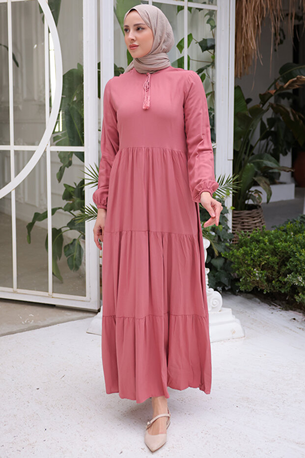 8232 Drawstring Collar Dress Dried Rose