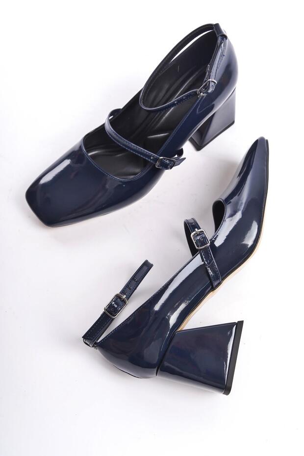 Kulia Navy Blue Patent Leather Mary Jane Thick Heeled Blunt Toe Strap Shoes