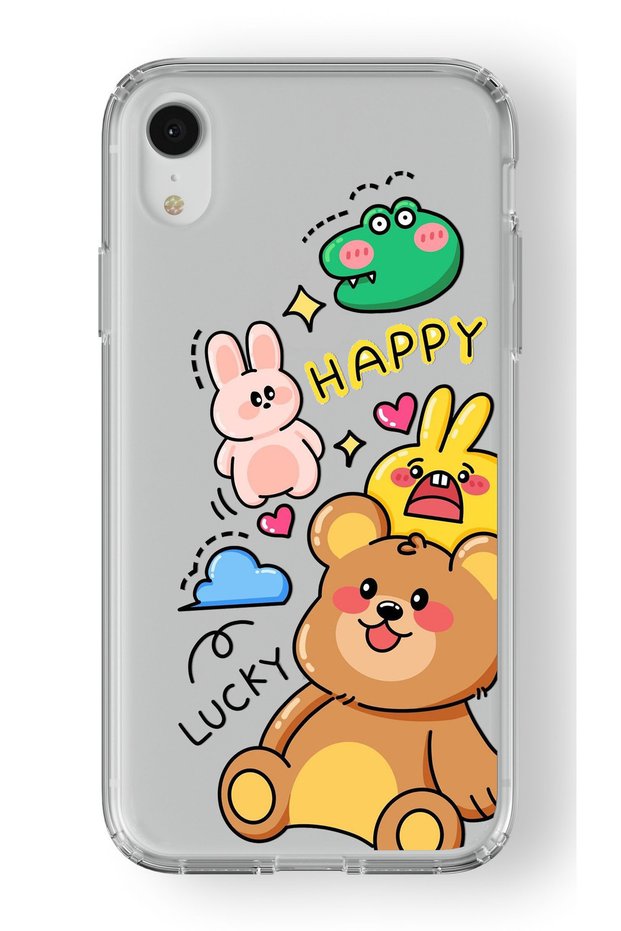 iPhone Xr Compatible Happy Animals Design Printed Transparent Case