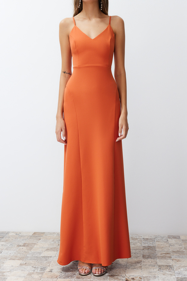 Oranžové dlouhé stylové večerní šaty – tkané, přiléhavé šaty TPRSS24AE00061 - 4
