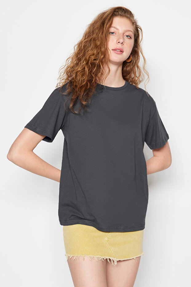 Antrasit %100 Pamuk Bisiklet Yaka Oversize/Geniş Kalıp Örme T-Shirt TWOSS20TS0134 - 10