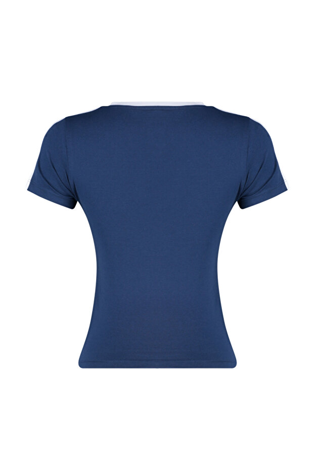 Lacivert Slogan Baskılı V Yaka Regular/Normal Kalıp Örme T-Shirt TWOSS24TS00162 - 8
