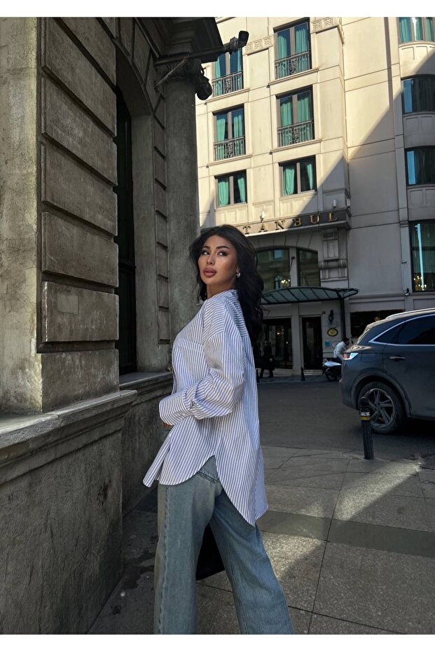Boydan çizgili oversize gömlek - 3