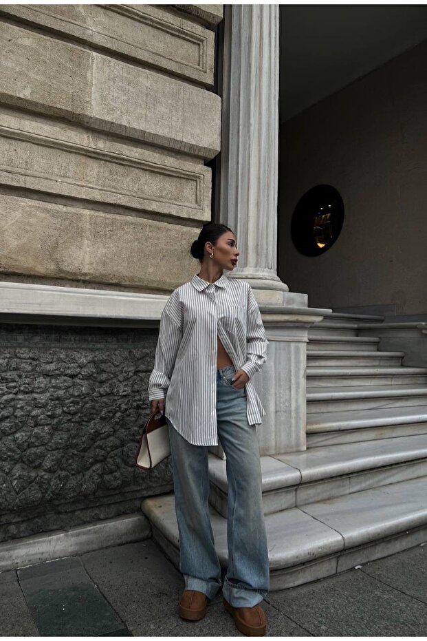 Boydan çizgili oversize gömlek - 4