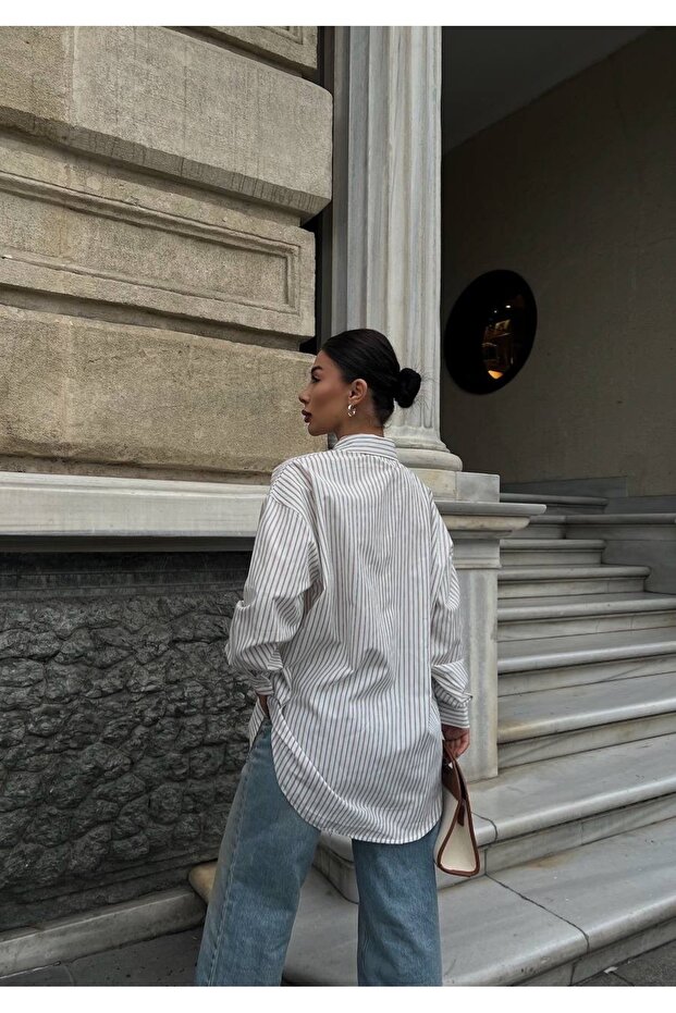 Boydan çizgili oversize gömlek - 3