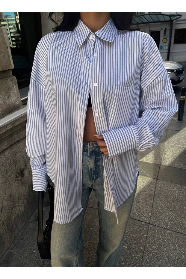 Boydan çizgili oversize gömlek - 1