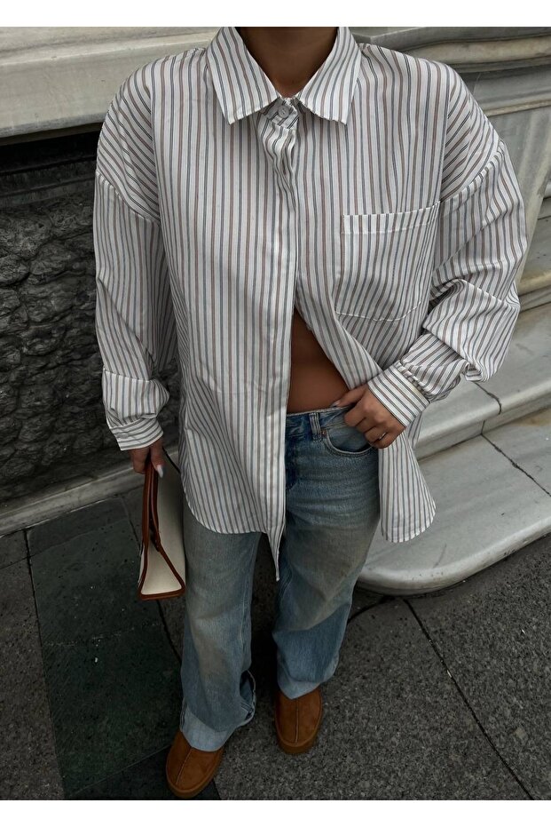 Boydan çizgili oversize gömlek - 1