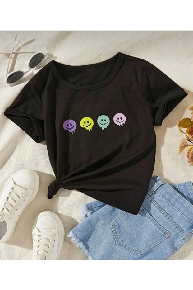 Children's Trend Model Black T Shirt Printed Cotton