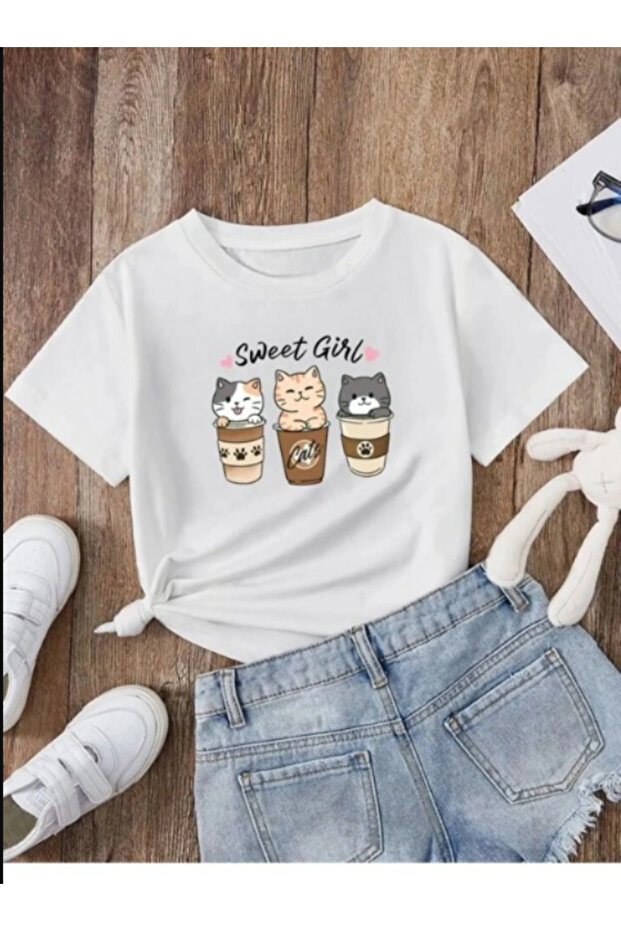Children's Trend Model White T Shirt Printed Cotton