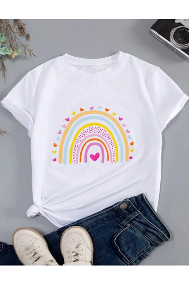 Children's Trend Model White t Shirt Rainbow Printed Cotton