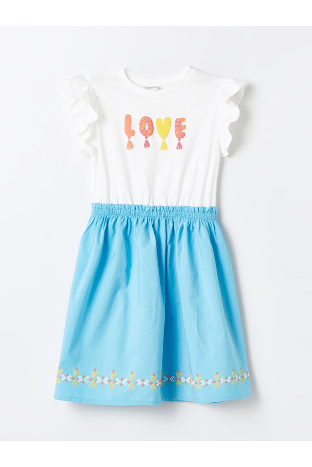 Crew Neck Girl's Dress - Printed and Short Sleeve