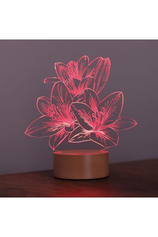 Lilyum Çiçeği Led Masa Lambası Ahşap Taban 7 Farklı Işık Renkli Gece Lambası Dekoratif Aydınlatma - 6