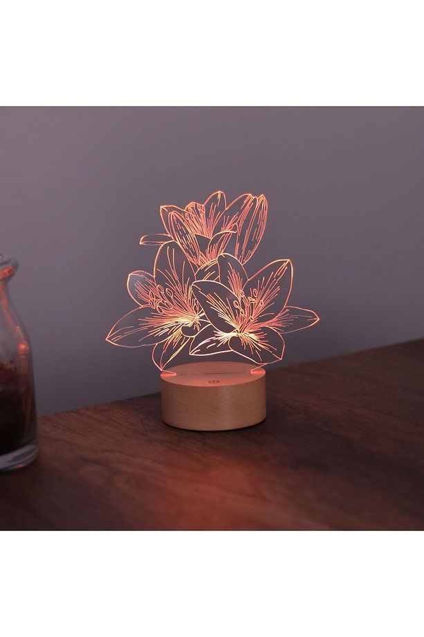 Lilyum Çiçeği Led Masa Lambası Ahşap Taban 7 Farklı Işık Renkli Gece Lambası Dekoratif Aydınlatma - 1