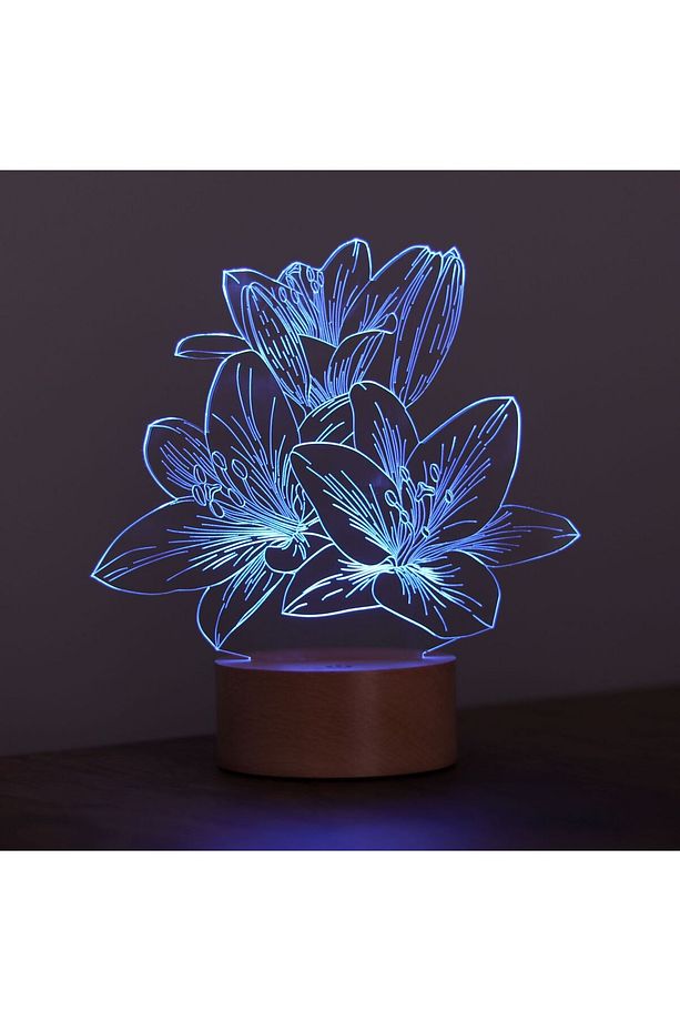 Lilyum Çiçeği Led Masa Lambası Ahşap Taban 7 Farklı Işık Renkli Gece Lambası Dekoratif Aydınlatma - 4