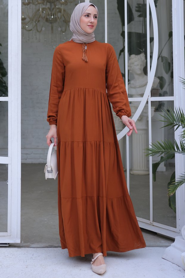 8232 Drawstring Collar Dress Brown