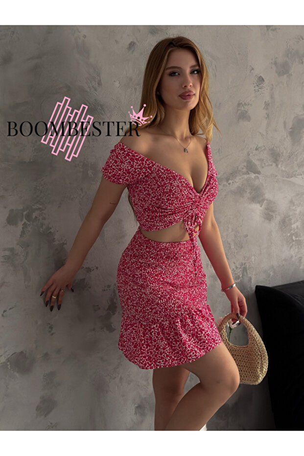 Women's Double Crop Set Crispy Pattern Guiped Bustier Skirt Set