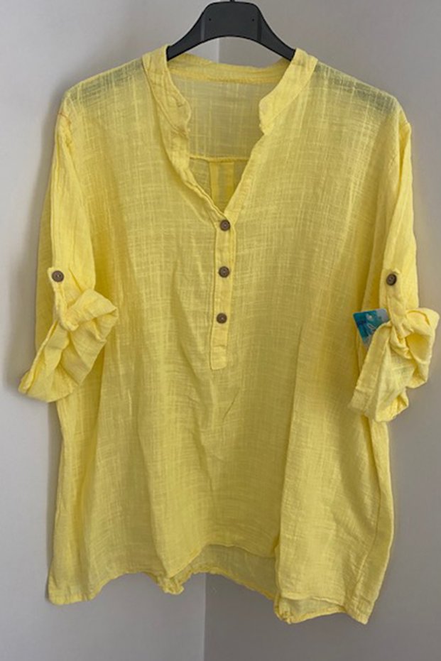 Women's Italian Yellow Button Detailed Lapel Collar 100% Cotton Blouse