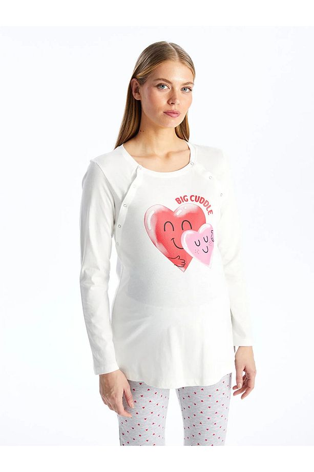 LCW DREAM Bisiklet Yaka Baskılı Uzun Kollu Hamile Pijama Takımı - 3