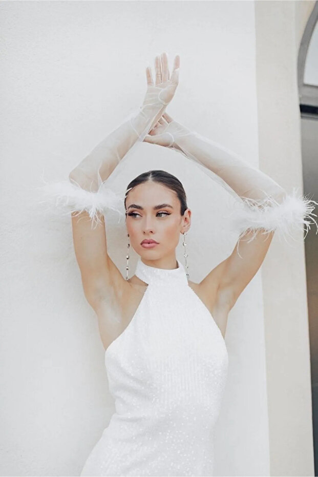 Otriş Feathered Tulle Bridal Wedding Gloves For Wedding Otriş Feathered Bridal Gloves White