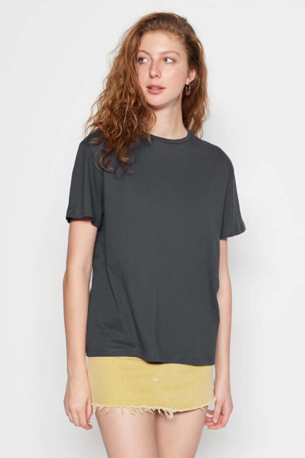 Antrasit %100 Pamuk Bisiklet Yaka Oversize/Geniş Kalıp Örme T-Shirt TWOSS20TS0134 - 7