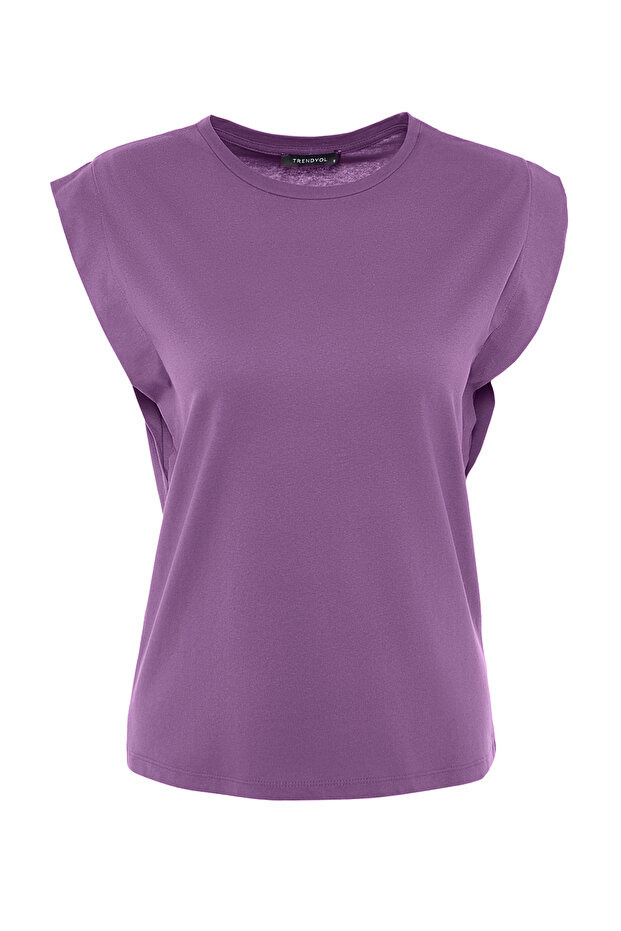 Koyu Mor %100 Pamuk Vatka Görünümlü Basic Bisiklet Yaka Örme T-Shirt TWOSS20TS0021 - 6