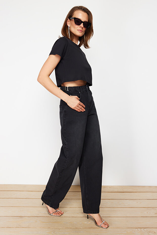 Siyah More Sustainable Bol Kesim Yüksek Bel Loose Baggy Jeans TWOAW24JE00308 - 3
