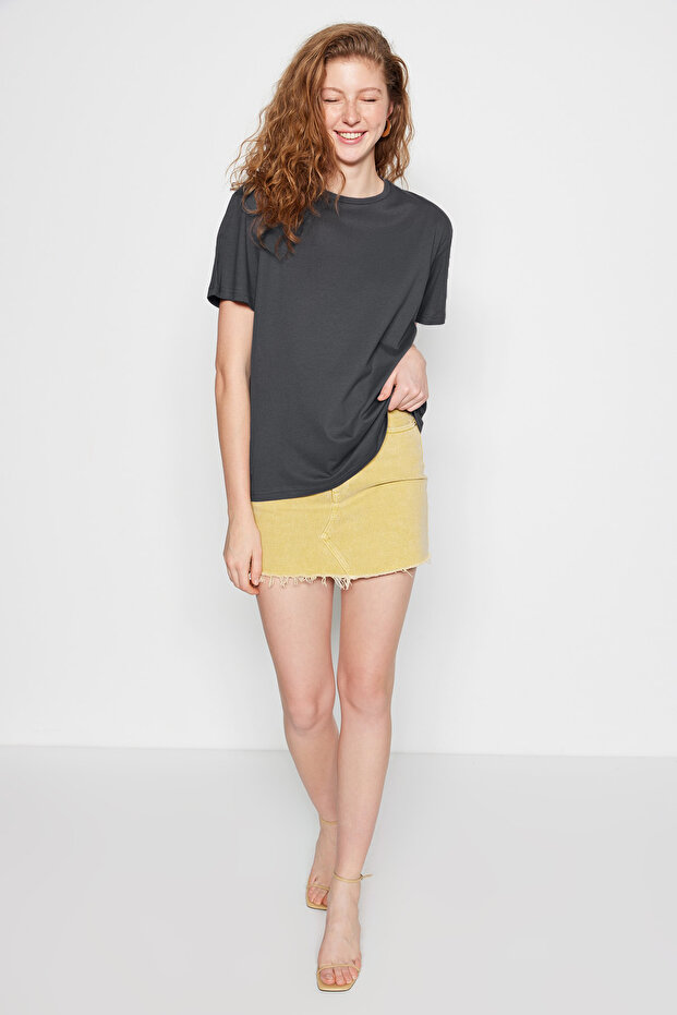 Antrasit %100 Pamuk Bisiklet Yaka Oversize/Geniş Kalıp Örme T-Shirt TWOSS20TS0134 - 9