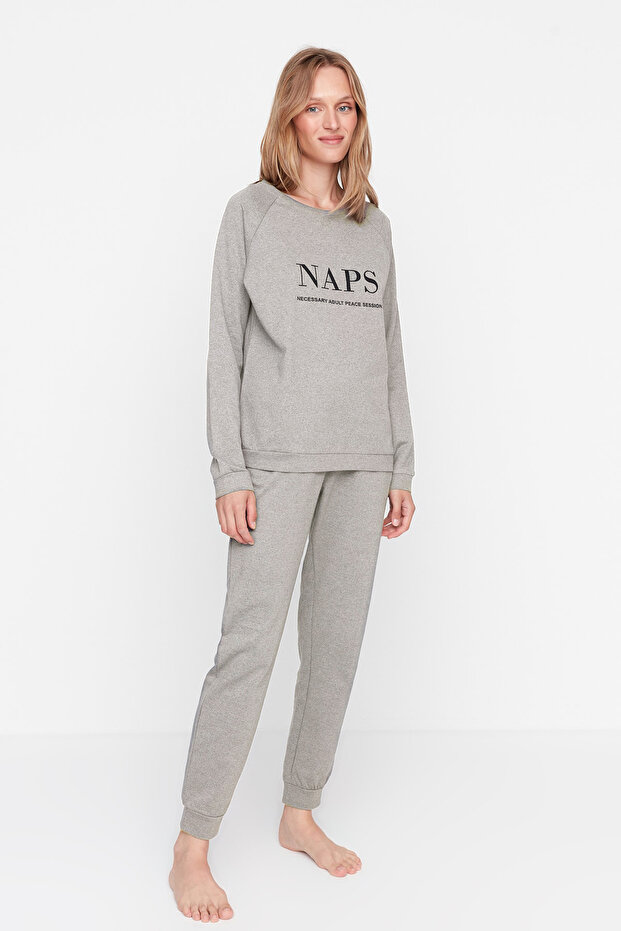 Antracytowy zestaw T-shirt-Jogger z napisem i piżamą z dzianiny THMAW21PT0497 - 4