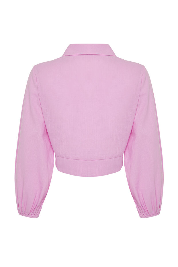 Pembe Dokuma Bağlamalı Plaj Crop Bluz TBESS24BZ00006 - 8