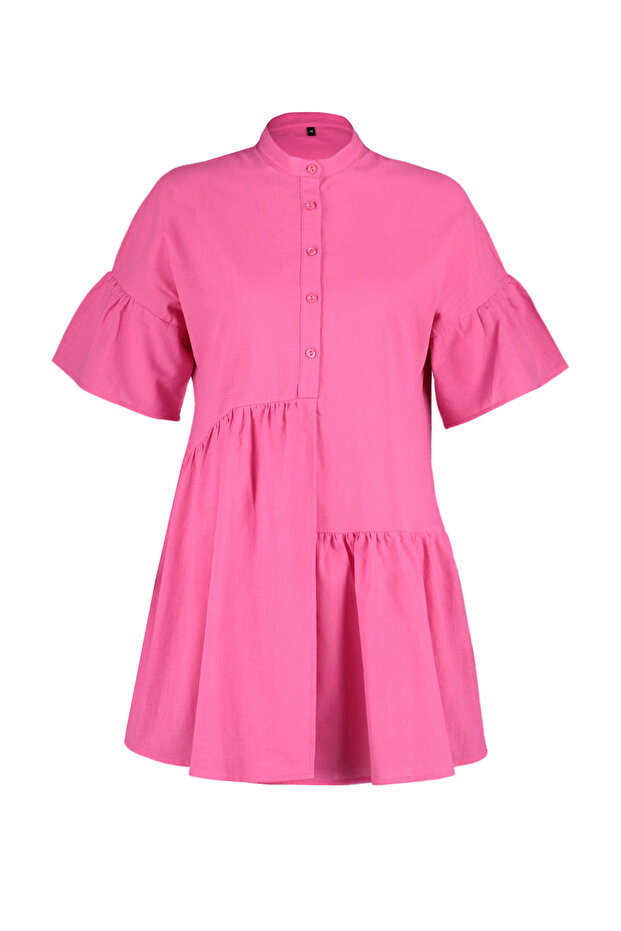 Pembe Dokuma Volanlı Plaj Mini Elbise TBESS20EL0873 - 8
