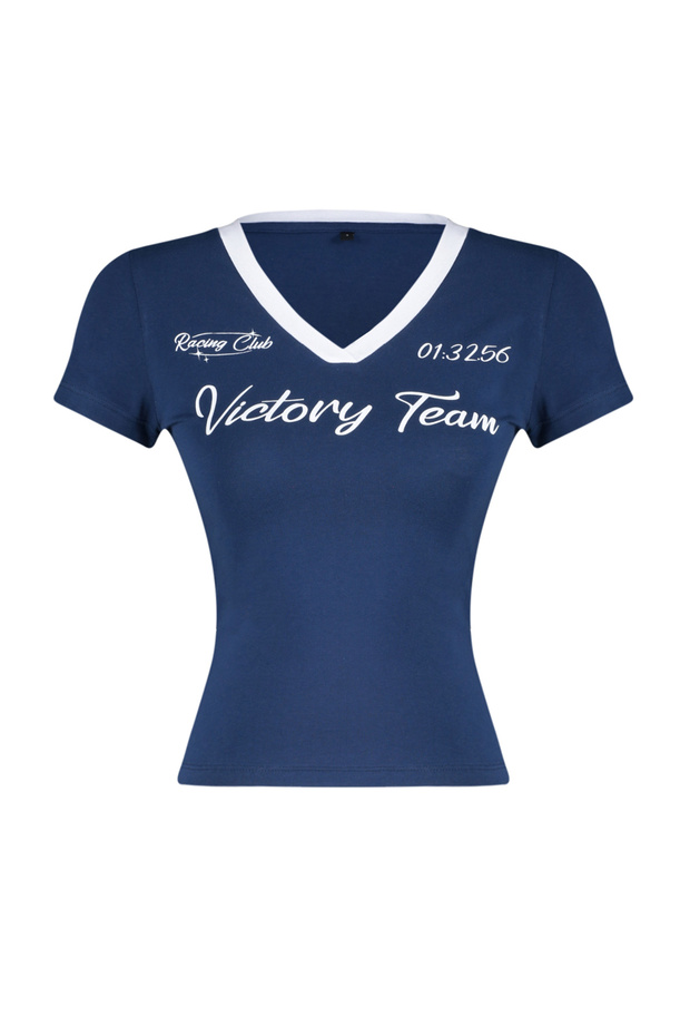 Lacivert Slogan Baskılı V Yaka Regular/Normal Kalıp Örme T-Shirt TWOSS24TS00162 - 7