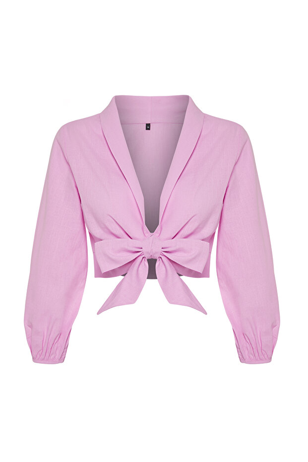 Pembe Dokuma Bağlamalı Plaj Crop Bluz TBESS24BZ00006 - 6