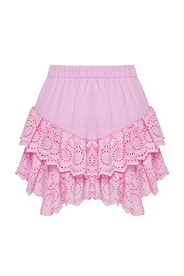 Pembe Dokuma Brodeli Plaj Mini Etek TBESS24ET00004 - 6