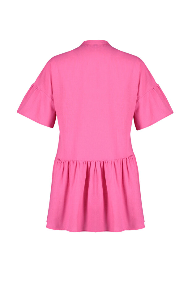 Pembe Dokuma Volanlı Plaj Mini Elbise TBESS20EL0873 - 9