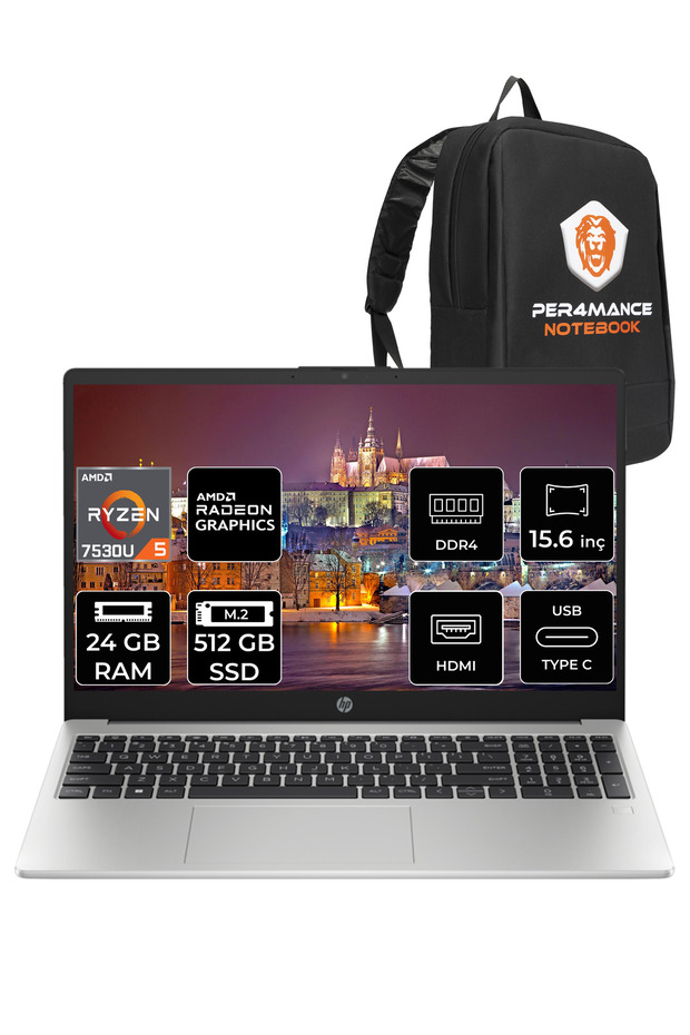 255 G10 Ryzen 5 7530U 24GB RAM 512GB SSD 15.6'' FHD FDOS 8A547EA & PER4 ÇANTA - 1