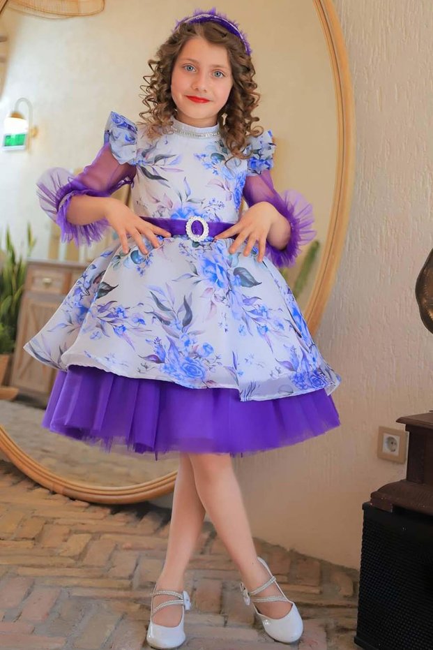 Girl's Floral Print Shoulder and Sleeve Ruffle Detailed Jewel Embroidered Purple Dress