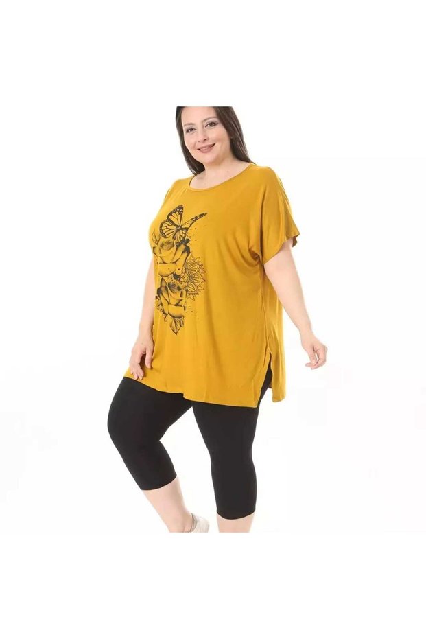 LARGE SIZE FULL LYCRAL CYCLING NECK FLOWER BUTTERFLY PATTERNED WIDE MOLD TREND T-SHIRT AND TIGHTS SET