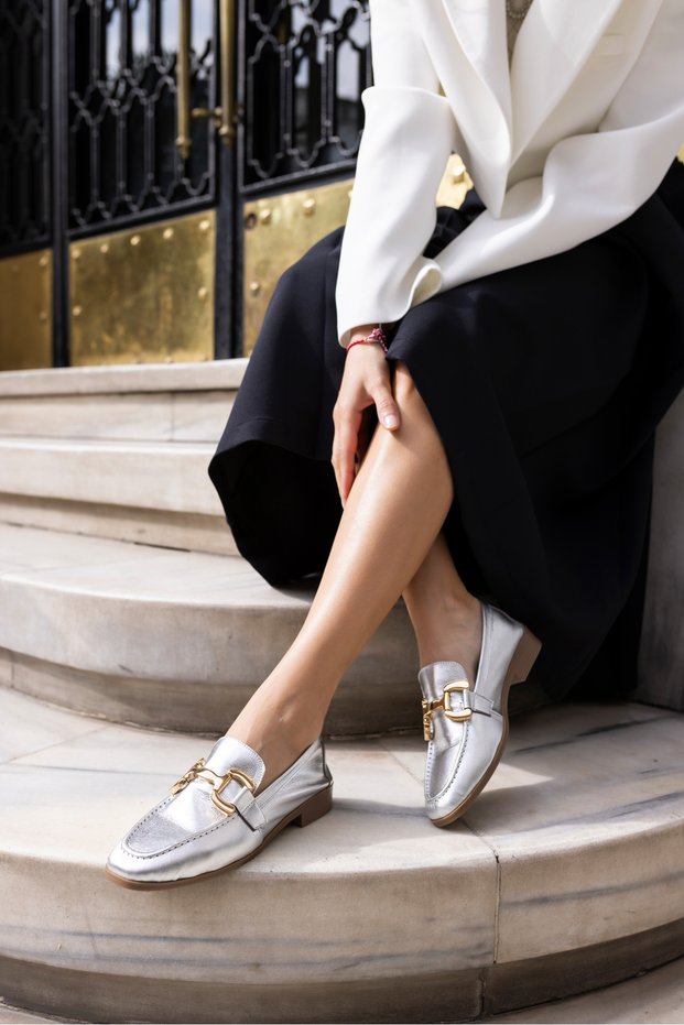 ODESA Women's Silver Genuine Leather Imported Buckle LOAFER SHOES