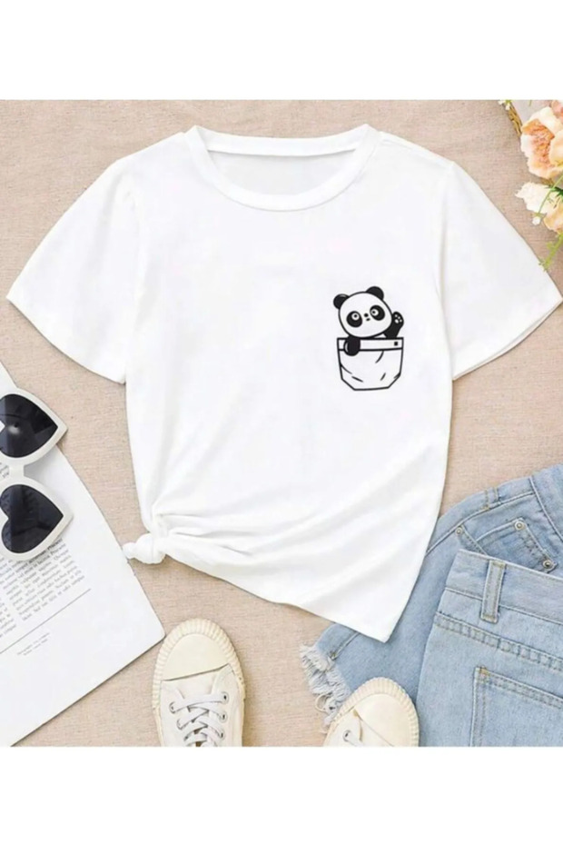 Children's Trend Model White T Shirt Hand Shaking Panda Printed Cotton