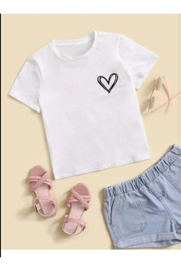 Kids Trend Model White T Shirt Minimal Heart Printed Cotton
